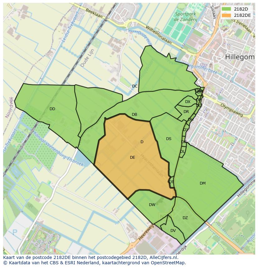 Afbeelding van het postcodegebied 2182 DE op de kaart.