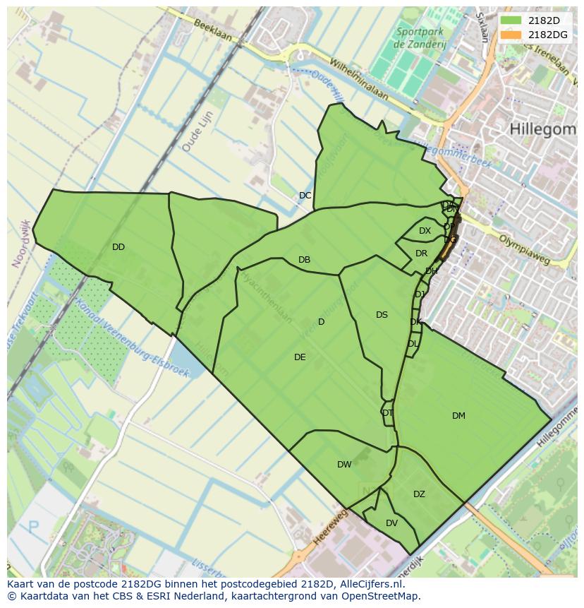 Afbeelding van het postcodegebied 2182 DG op de kaart.