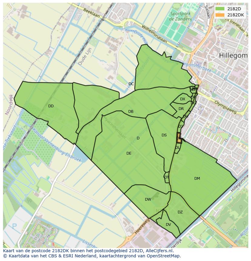 Afbeelding van het postcodegebied 2182 DK op de kaart.