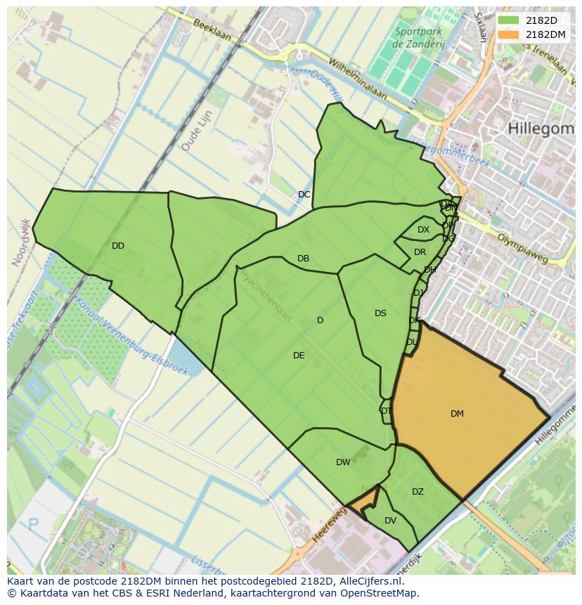 Afbeelding van het postcodegebied 2182 DM op de kaart.