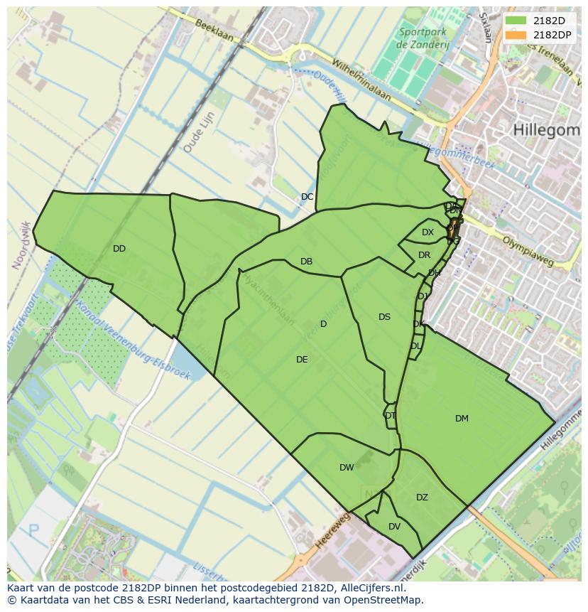 Afbeelding van het postcodegebied 2182 DP op de kaart.
