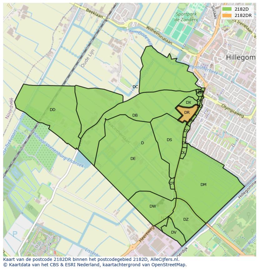 Afbeelding van het postcodegebied 2182 DR op de kaart.