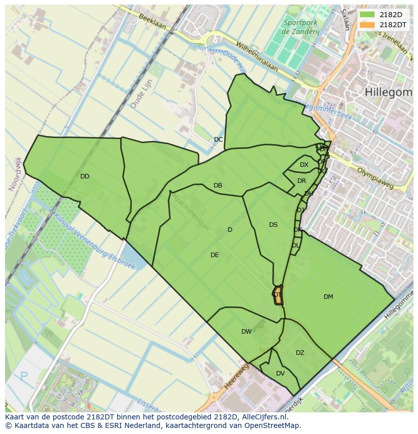 Afbeelding van het postcodegebied 2182 DT op de kaart.