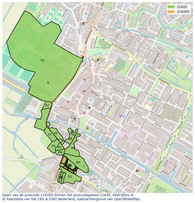 Afbeelding van het postcodegebied 2182 EG op de kaart.
