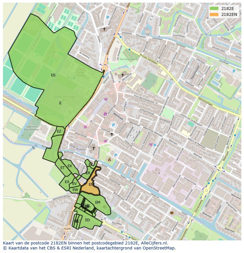 Afbeelding van het postcodegebied 2182 EN op de kaart.