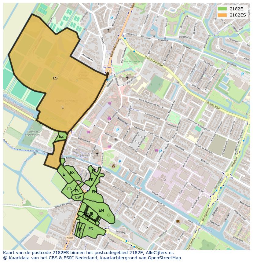 Afbeelding van het postcodegebied 2182 ES op de kaart.