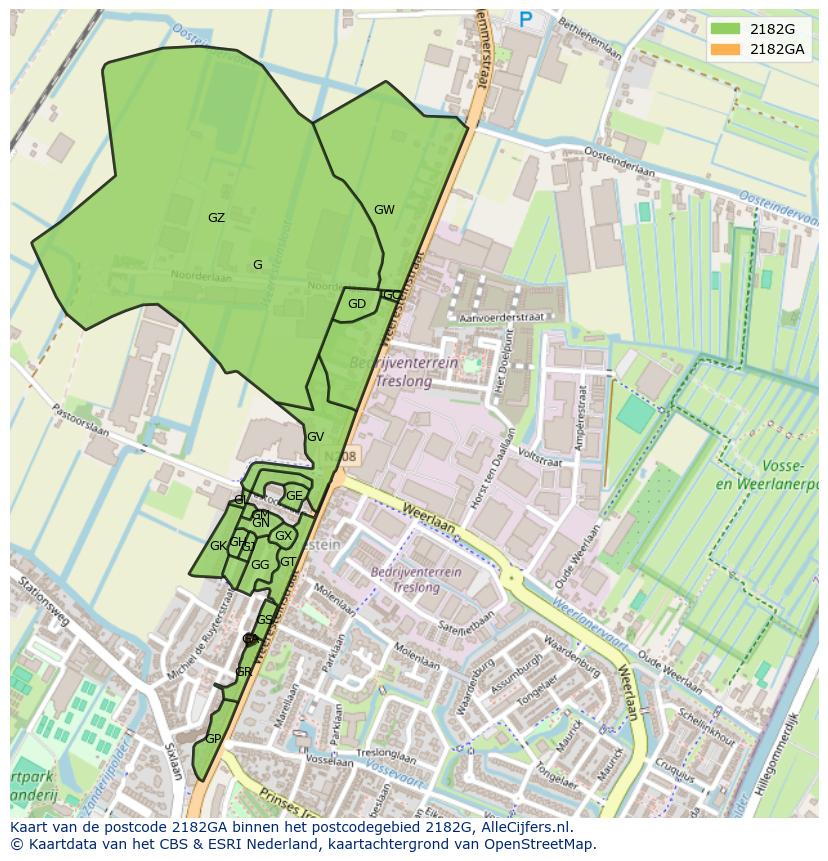 Afbeelding van het postcodegebied 2182 GA op de kaart.