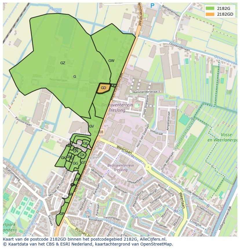 Afbeelding van het postcodegebied 2182 GD op de kaart.