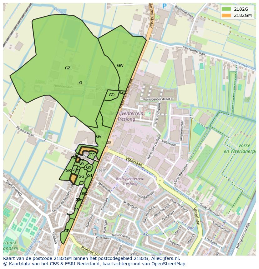 Afbeelding van het postcodegebied 2182 GM op de kaart.