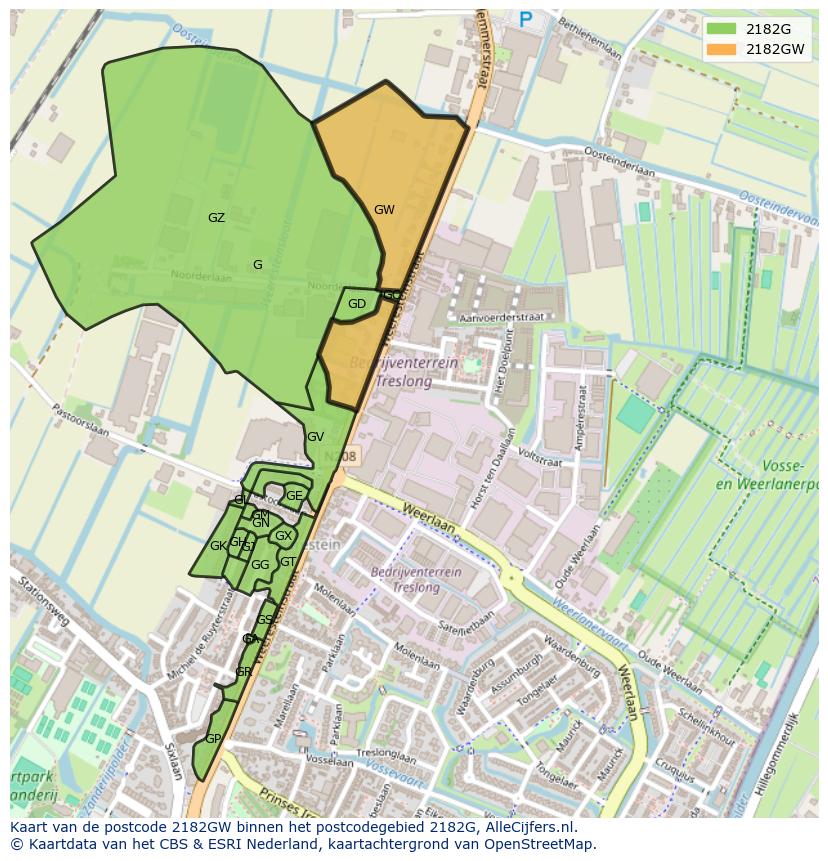 Afbeelding van het postcodegebied 2182 GW op de kaart.