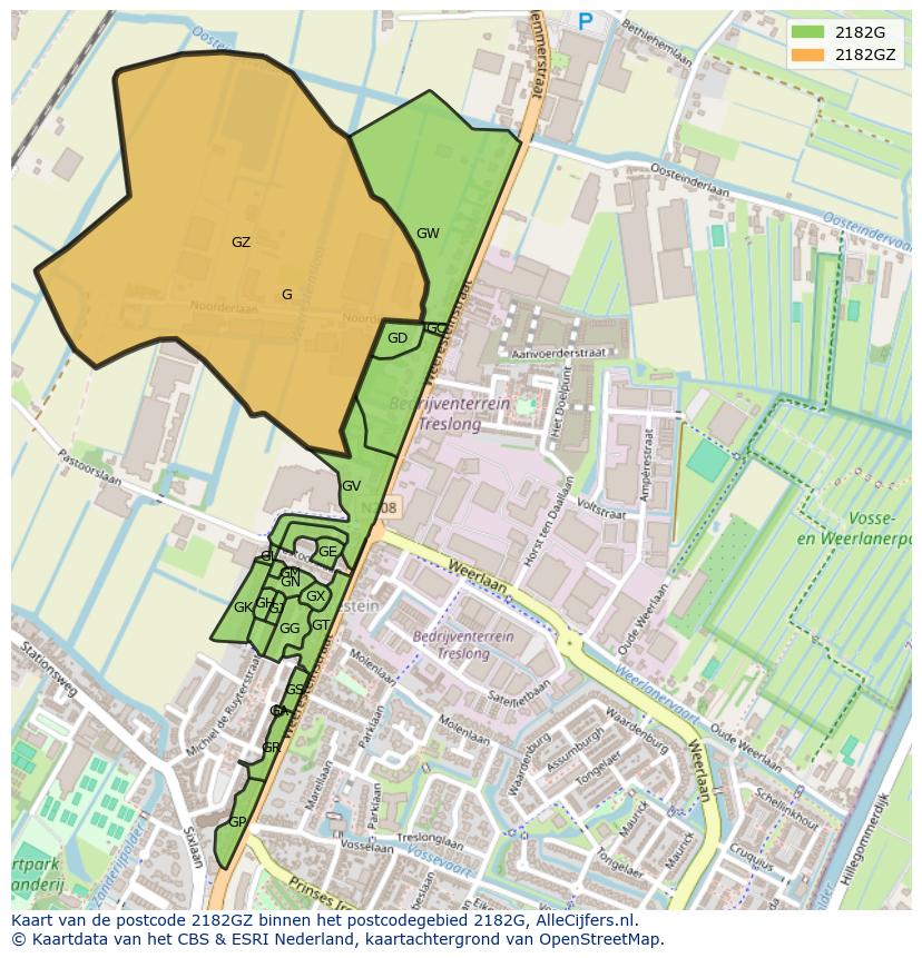 Afbeelding van het postcodegebied 2182 GZ op de kaart.