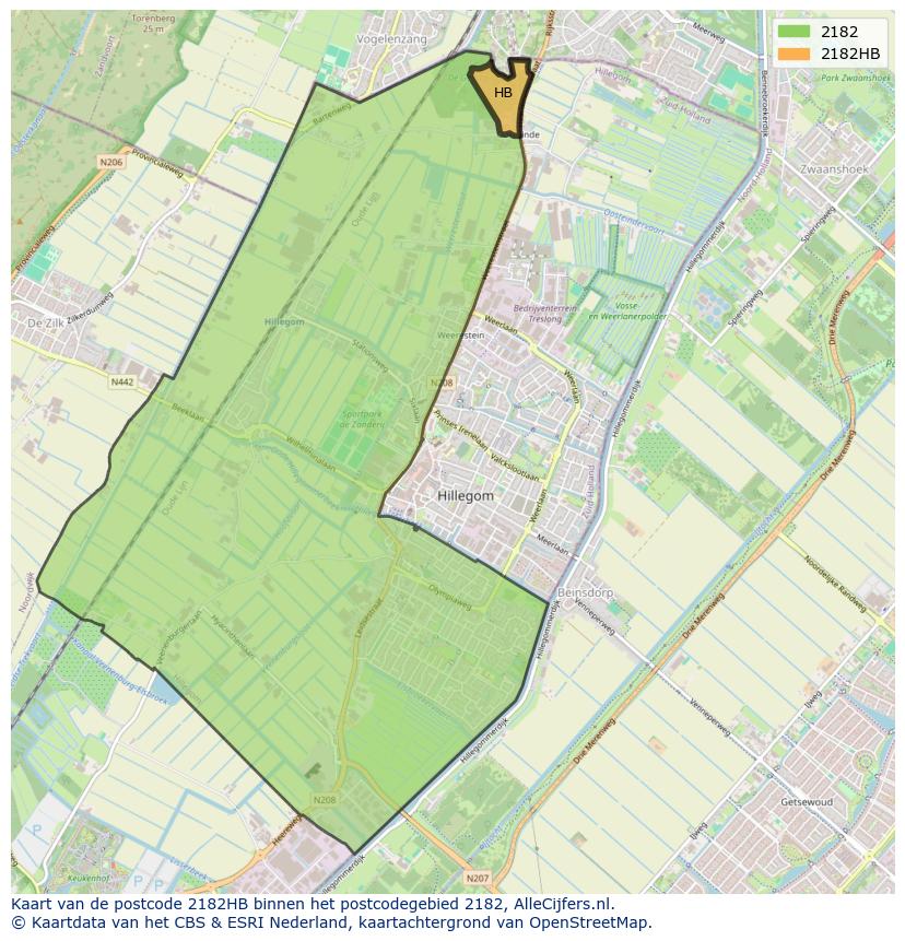 Afbeelding van het postcodegebied 2182 HB op de kaart.