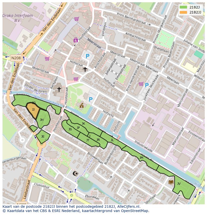 Afbeelding van het postcodegebied 2182 JJ op de kaart.