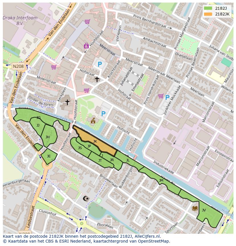 Afbeelding van het postcodegebied 2182 JK op de kaart.