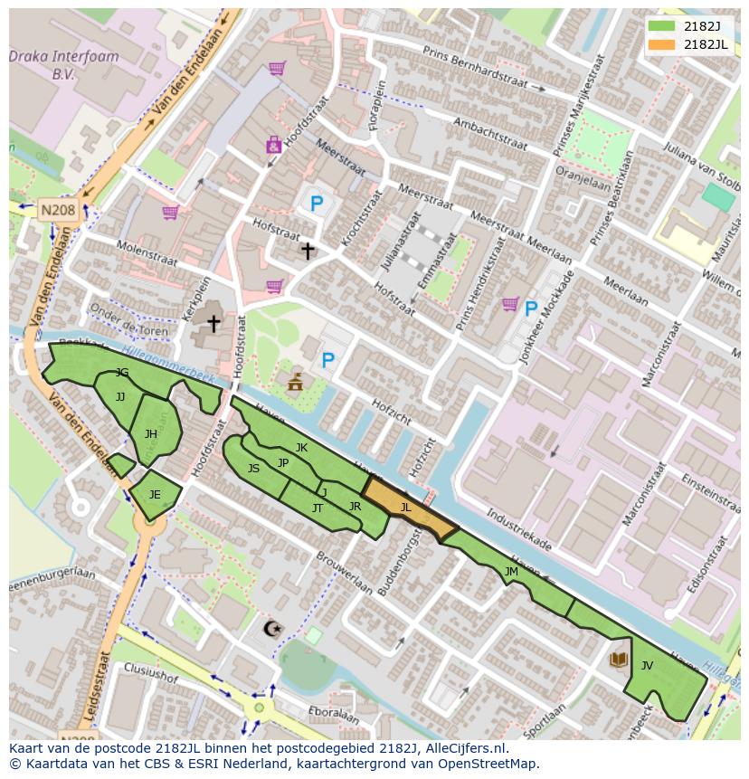 Afbeelding van het postcodegebied 2182 JL op de kaart.