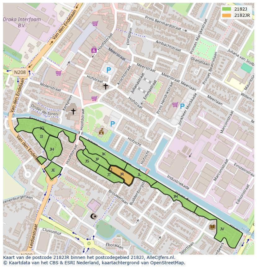Afbeelding van het postcodegebied 2182 JR op de kaart.