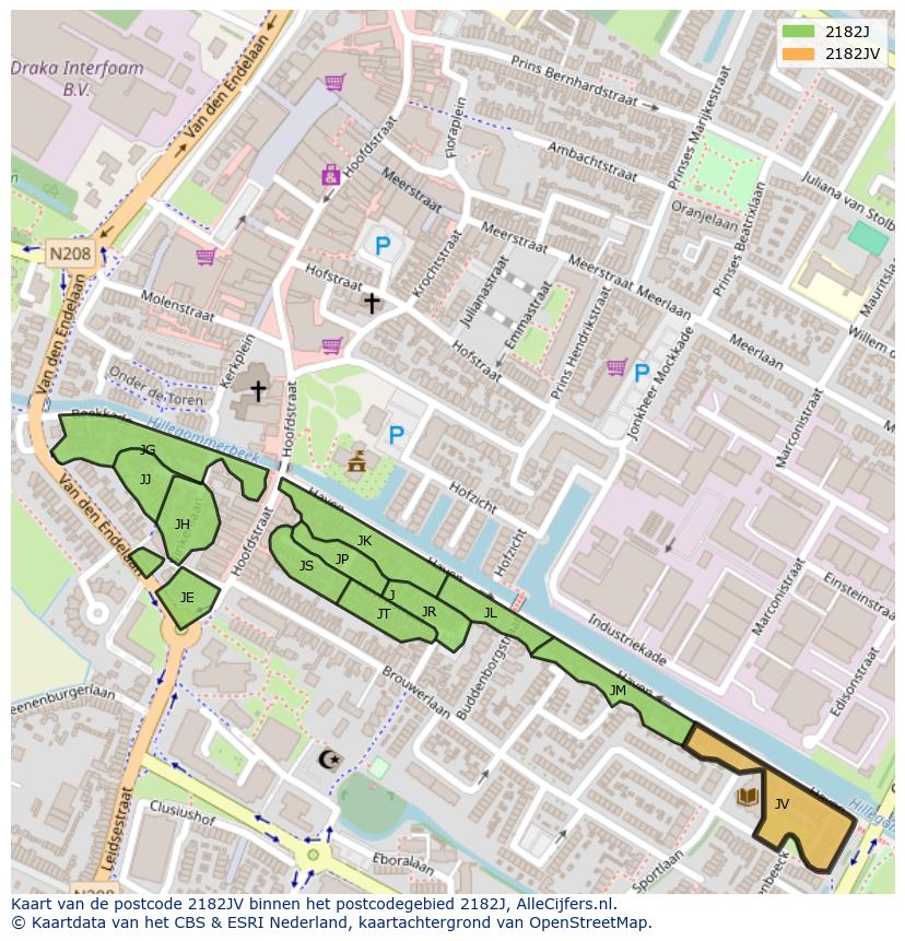Afbeelding van het postcodegebied 2182 JV op de kaart.