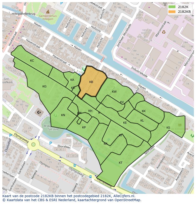 Afbeelding van het postcodegebied 2182 KB op de kaart.
