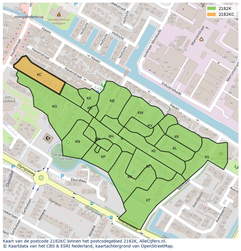 Afbeelding van het postcodegebied 2182 KC op de kaart.