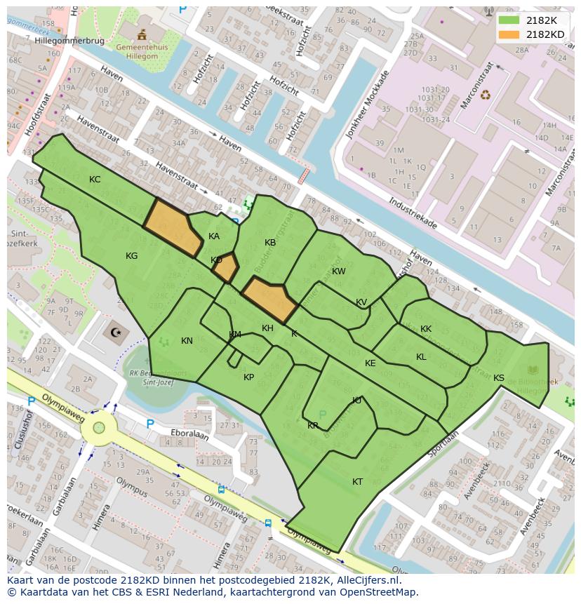 Afbeelding van het postcodegebied 2182 KD op de kaart.