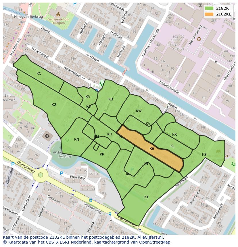 Afbeelding van het postcodegebied 2182 KE op de kaart.