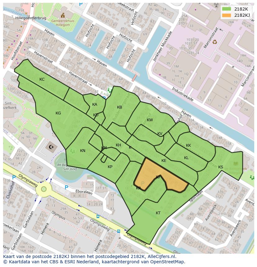 Afbeelding van het postcodegebied 2182 KJ op de kaart.