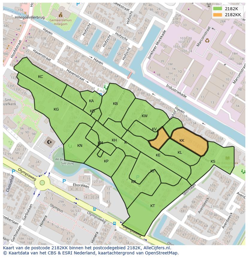 Afbeelding van het postcodegebied 2182 KK op de kaart.