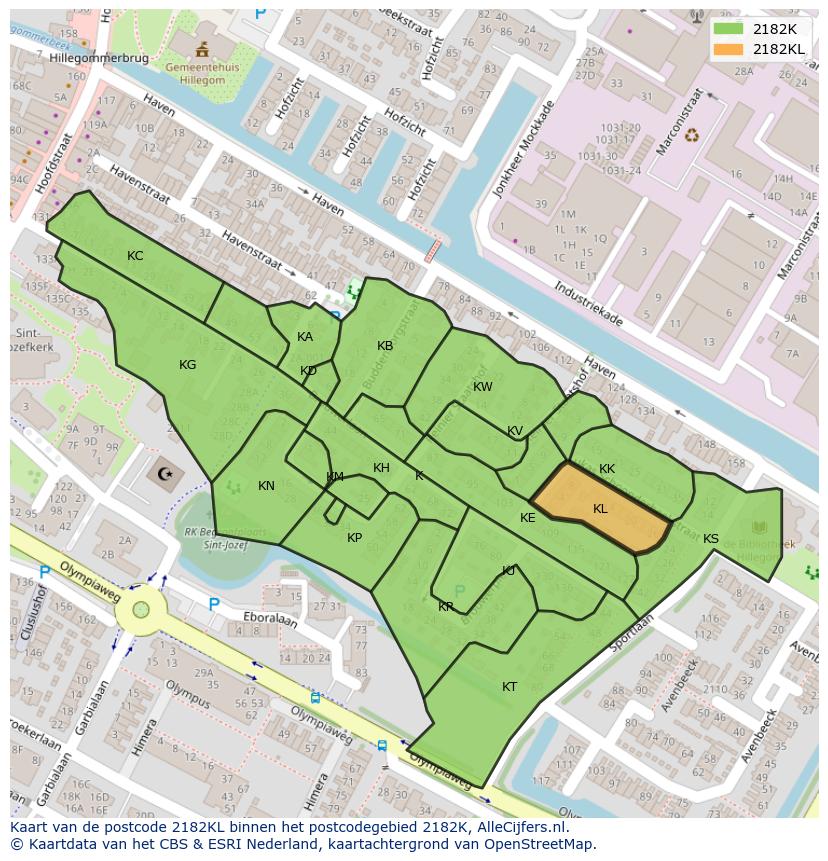 Afbeelding van het postcodegebied 2182 KL op de kaart.