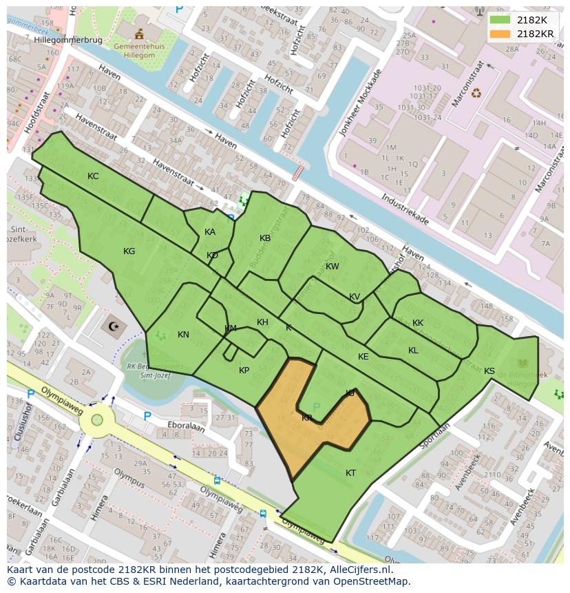 Afbeelding van het postcodegebied 2182 KR op de kaart.