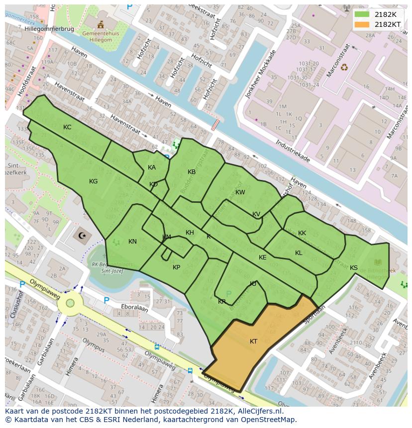 Afbeelding van het postcodegebied 2182 KT op de kaart.