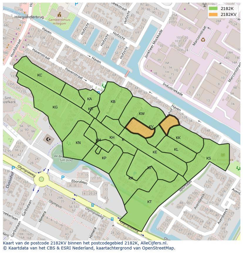 Afbeelding van het postcodegebied 2182 KV op de kaart.