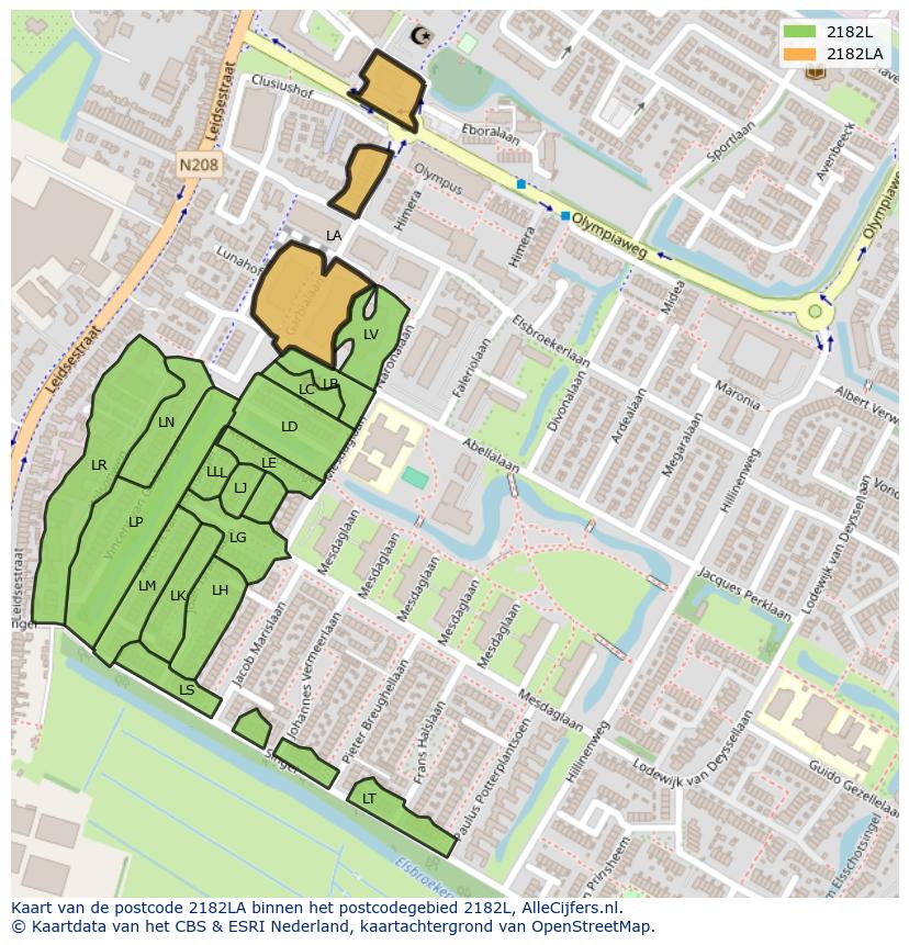 Afbeelding van het postcodegebied 2182 LA op de kaart.