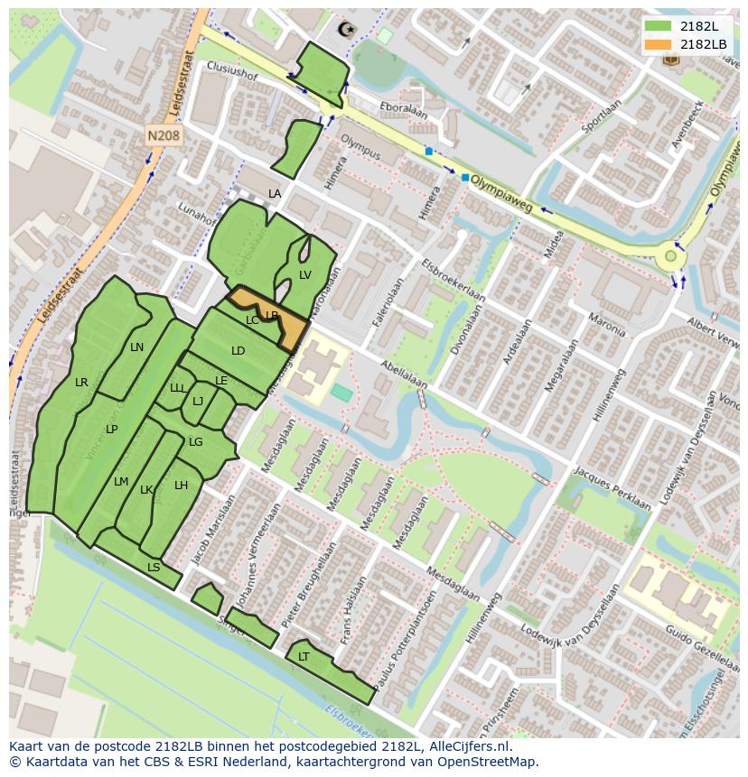 Afbeelding van het postcodegebied 2182 LB op de kaart.