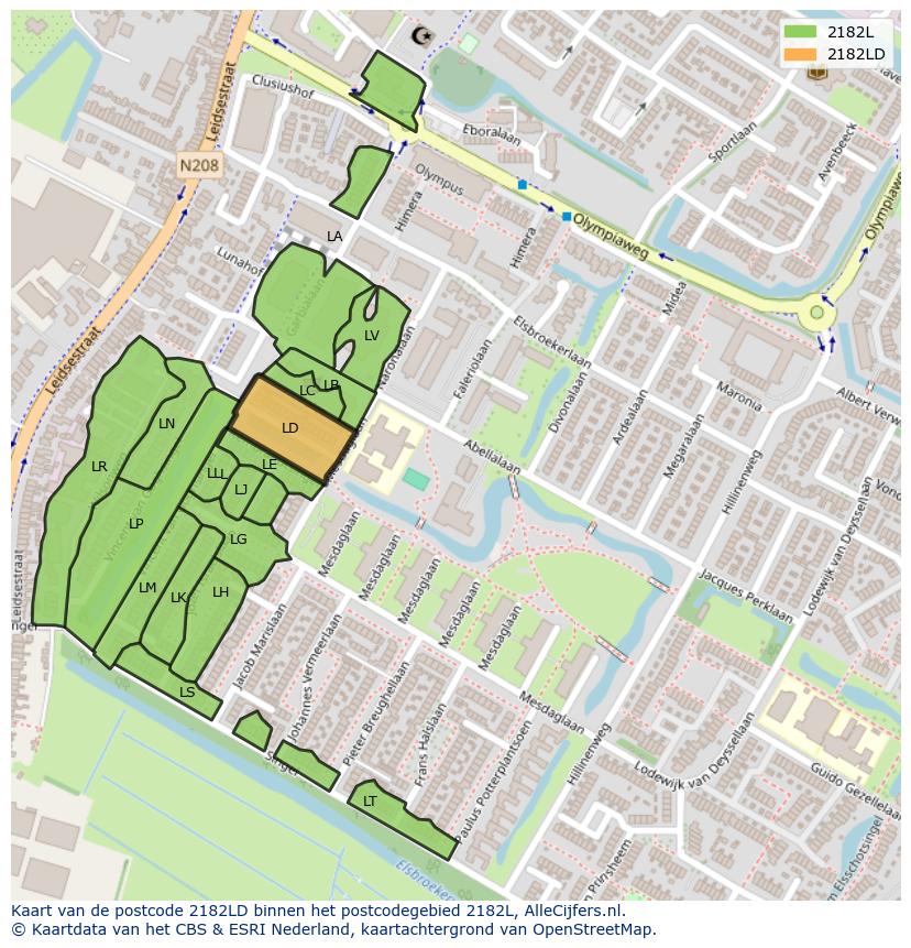 Afbeelding van het postcodegebied 2182 LD op de kaart.
