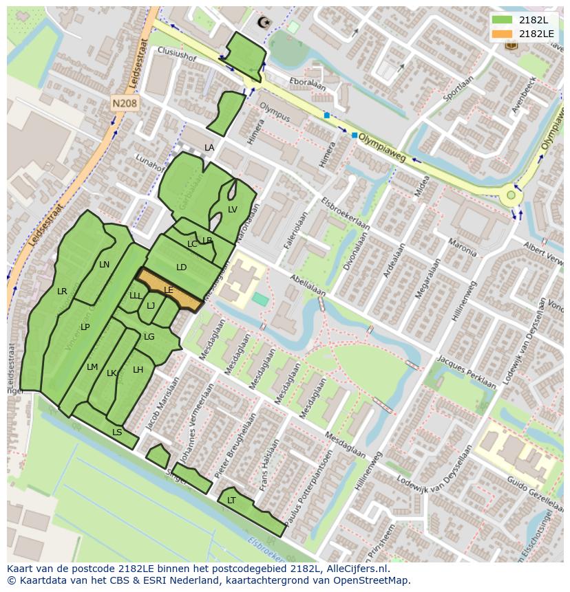 Afbeelding van het postcodegebied 2182 LE op de kaart.