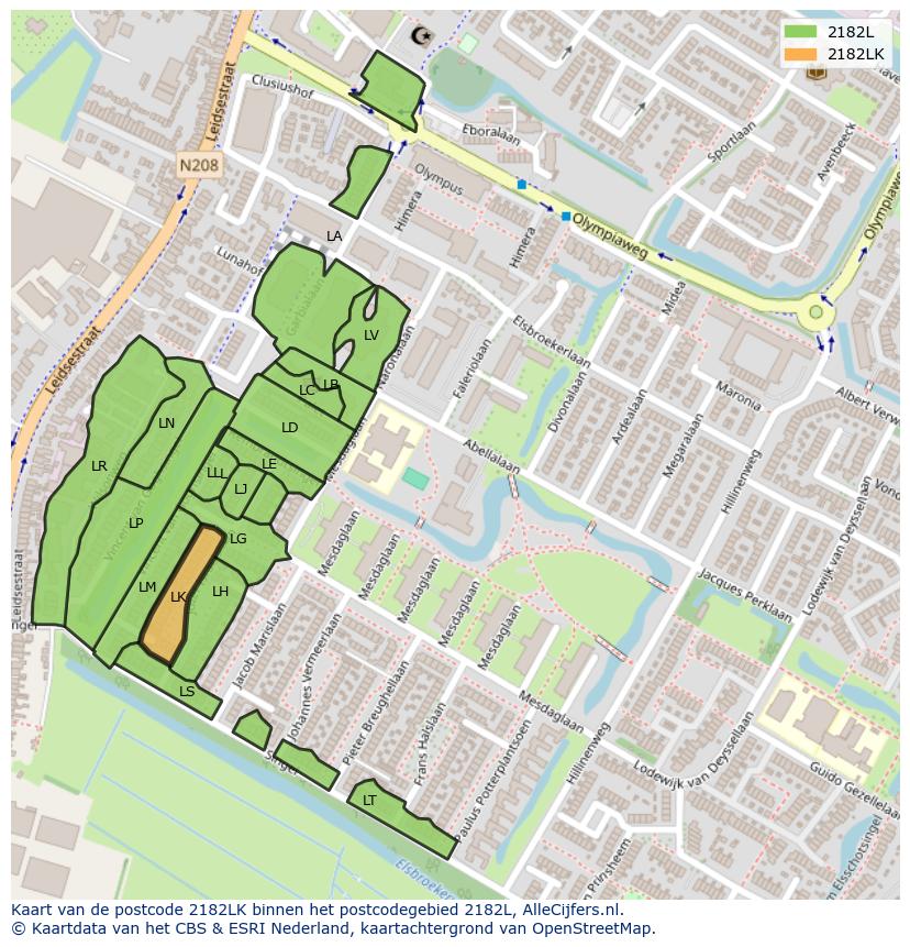 Afbeelding van het postcodegebied 2182 LK op de kaart.