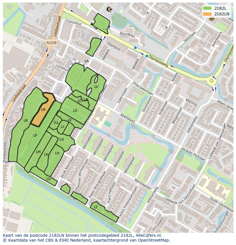 Afbeelding van het postcodegebied 2182 LN op de kaart.