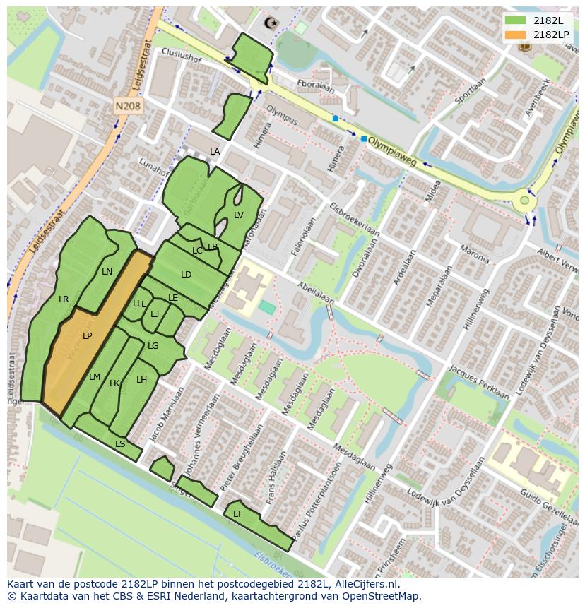 Afbeelding van het postcodegebied 2182 LP op de kaart.