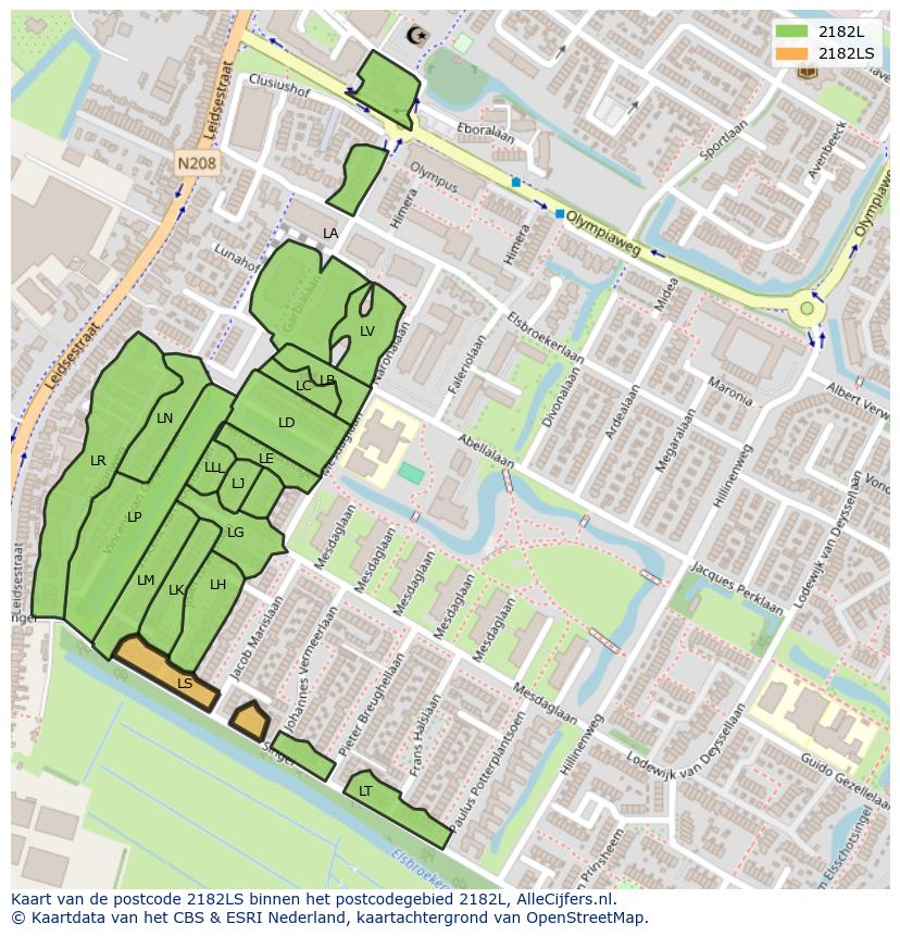 Afbeelding van het postcodegebied 2182 LS op de kaart.
