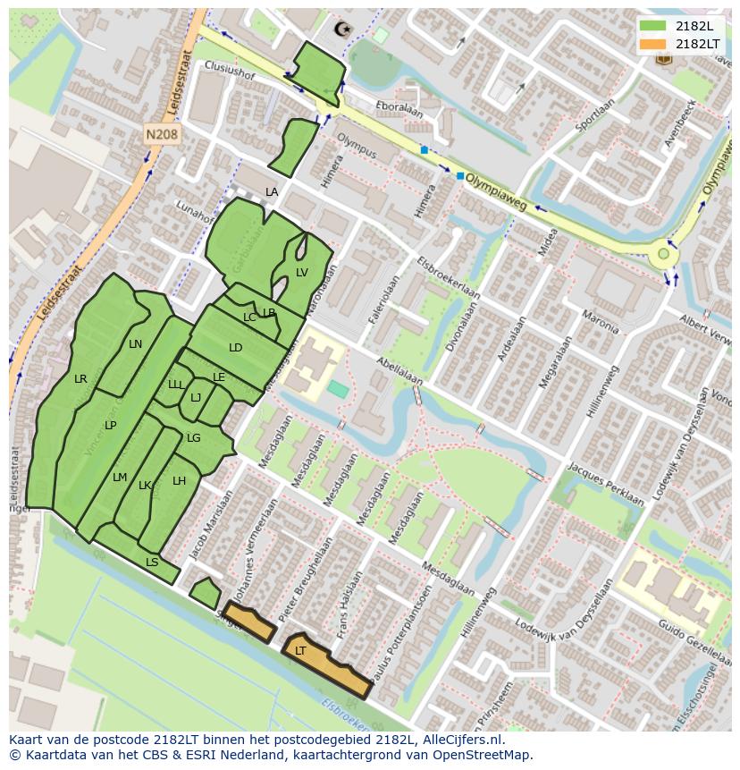 Afbeelding van het postcodegebied 2182 LT op de kaart.
