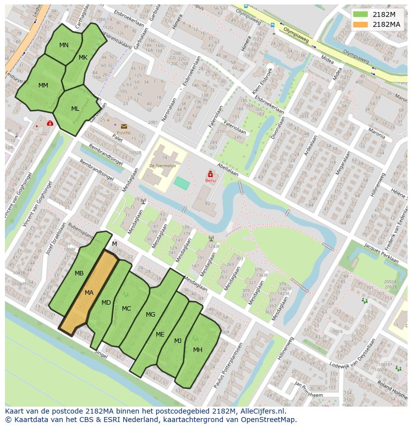 Afbeelding van het postcodegebied 2182 MA op de kaart.