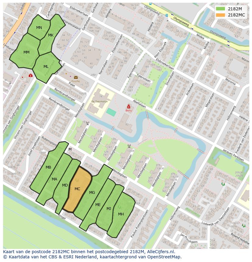 Afbeelding van het postcodegebied 2182 MC op de kaart.