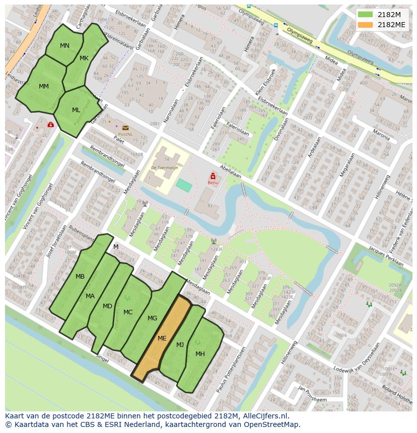 Afbeelding van het postcodegebied 2182 ME op de kaart.