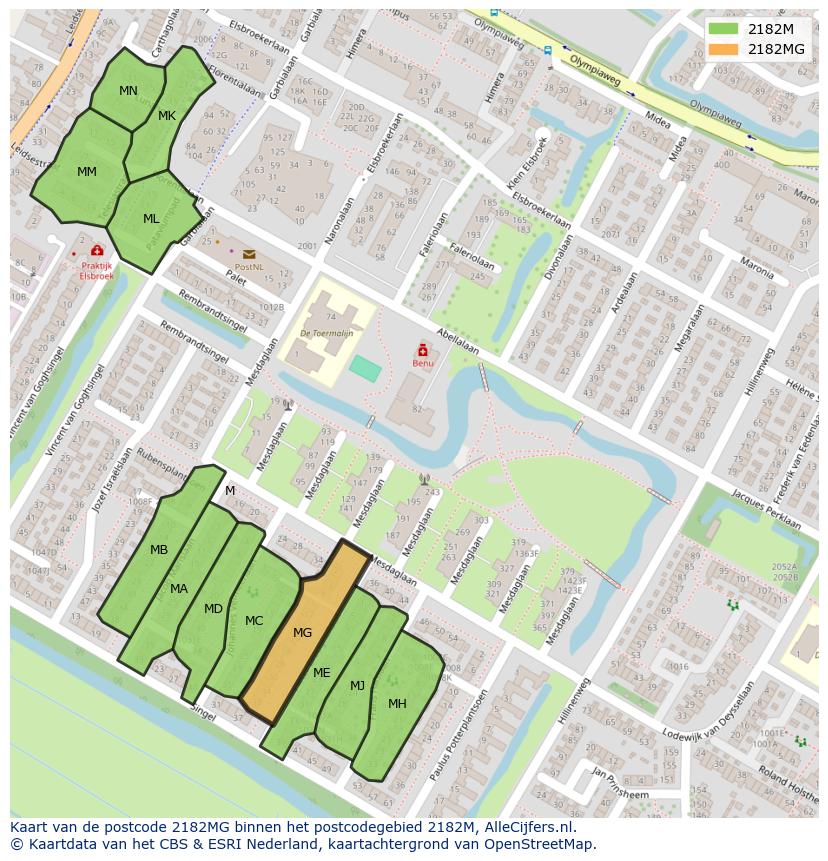 Afbeelding van het postcodegebied 2182 MG op de kaart.