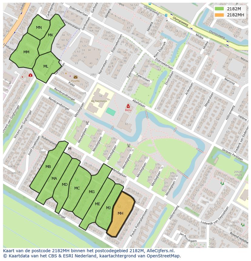 Afbeelding van het postcodegebied 2182 MH op de kaart.