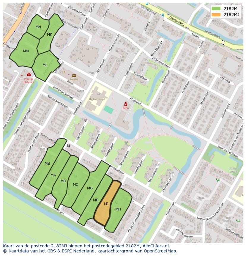 Afbeelding van het postcodegebied 2182 MJ op de kaart.