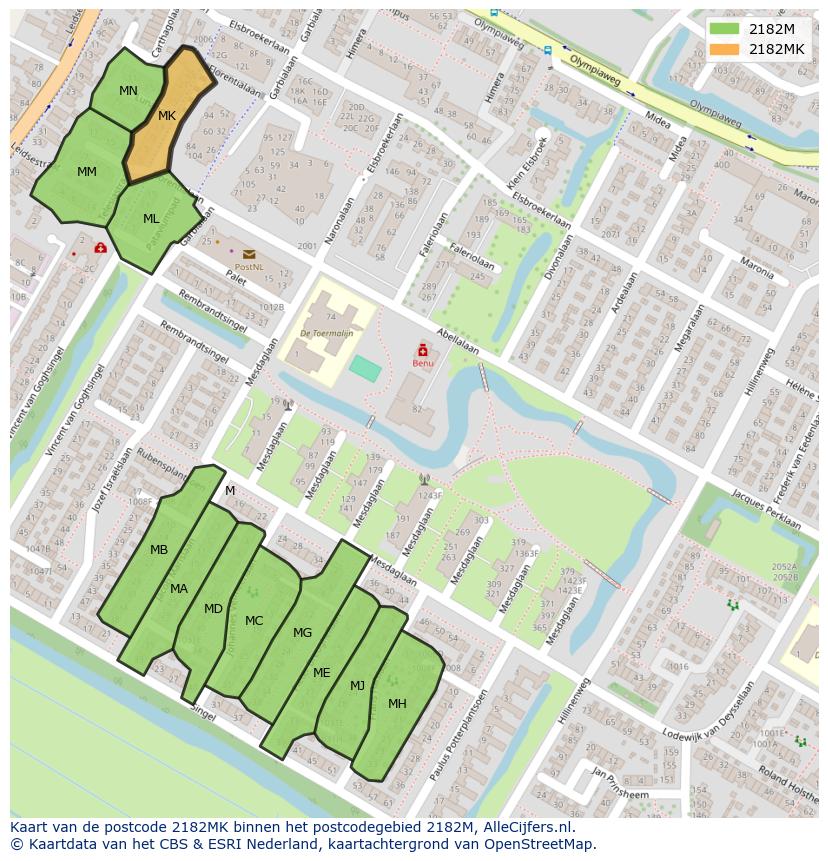 Afbeelding van het postcodegebied 2182 MK op de kaart.