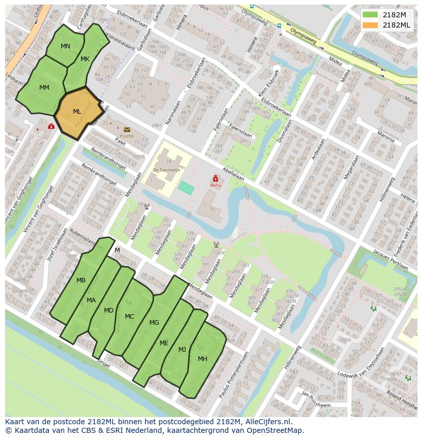 Afbeelding van het postcodegebied 2182 ML op de kaart.
