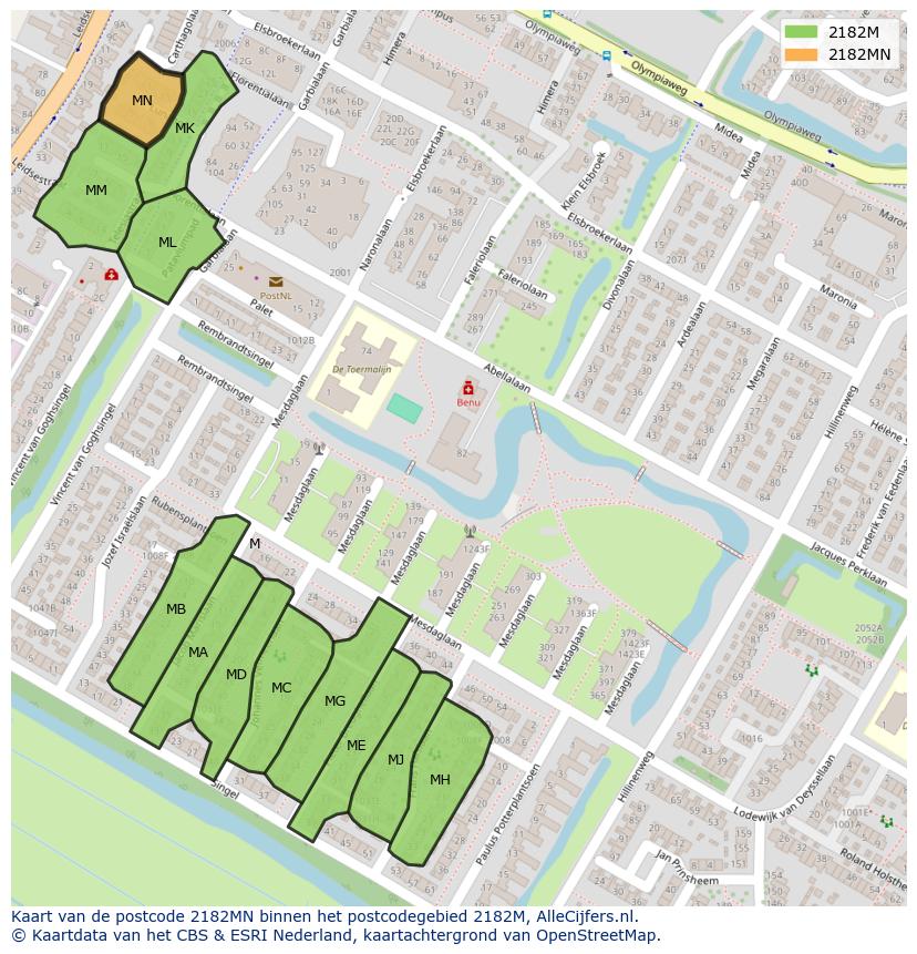 Afbeelding van het postcodegebied 2182 MN op de kaart.