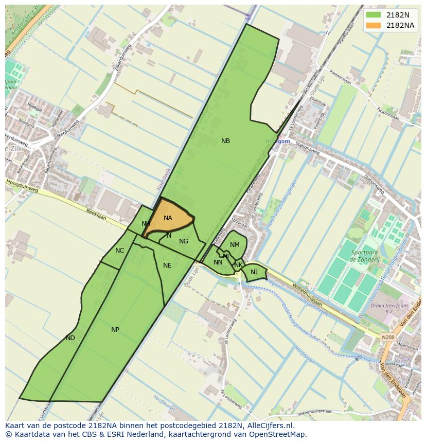 Afbeelding van het postcodegebied 2182 NA op de kaart.